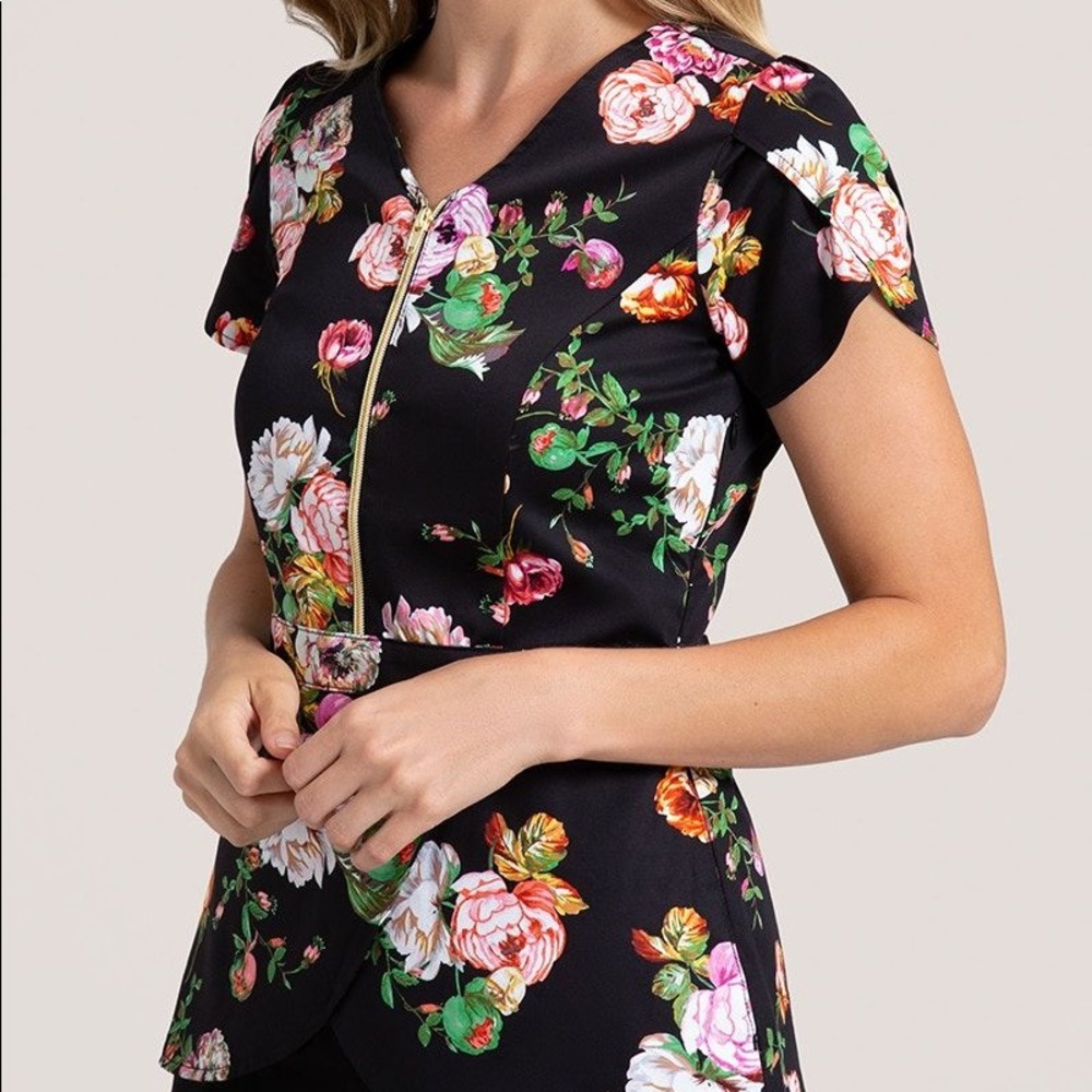 Jaanuu Black Floral Tulip Scrub Top